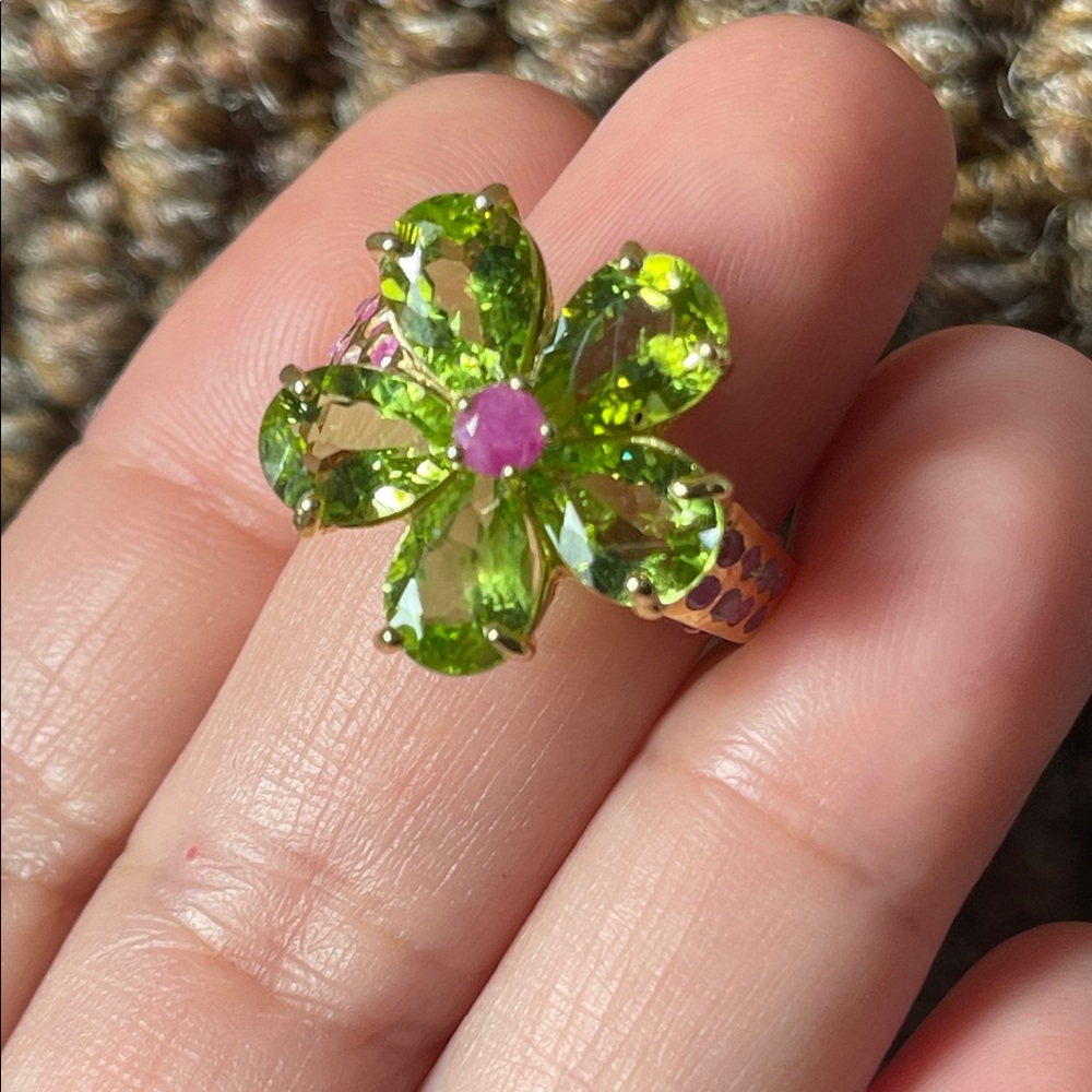 Fairycore Green Peridot Flower Ring with Pink Center - Women Jewelry